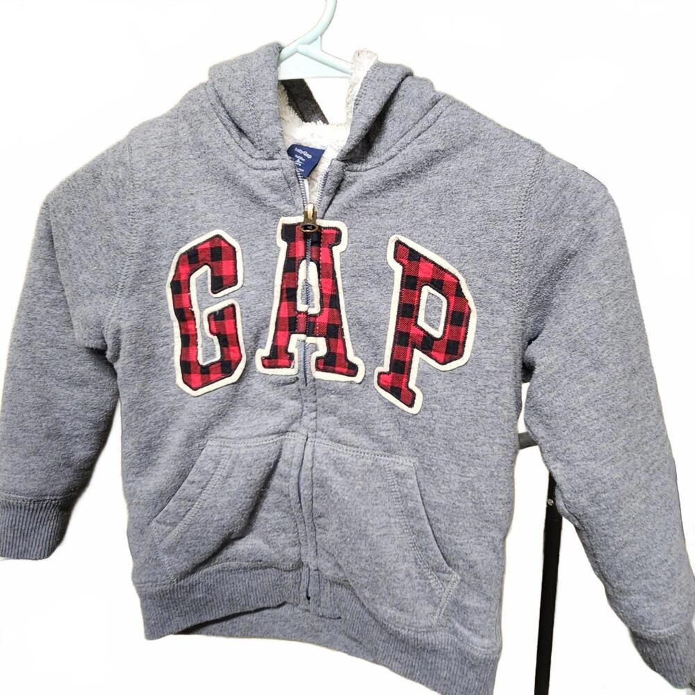 Baby Gap Fleece Lined Gray Hooded Sweatshirt with Red/Black Plaid logo size 5